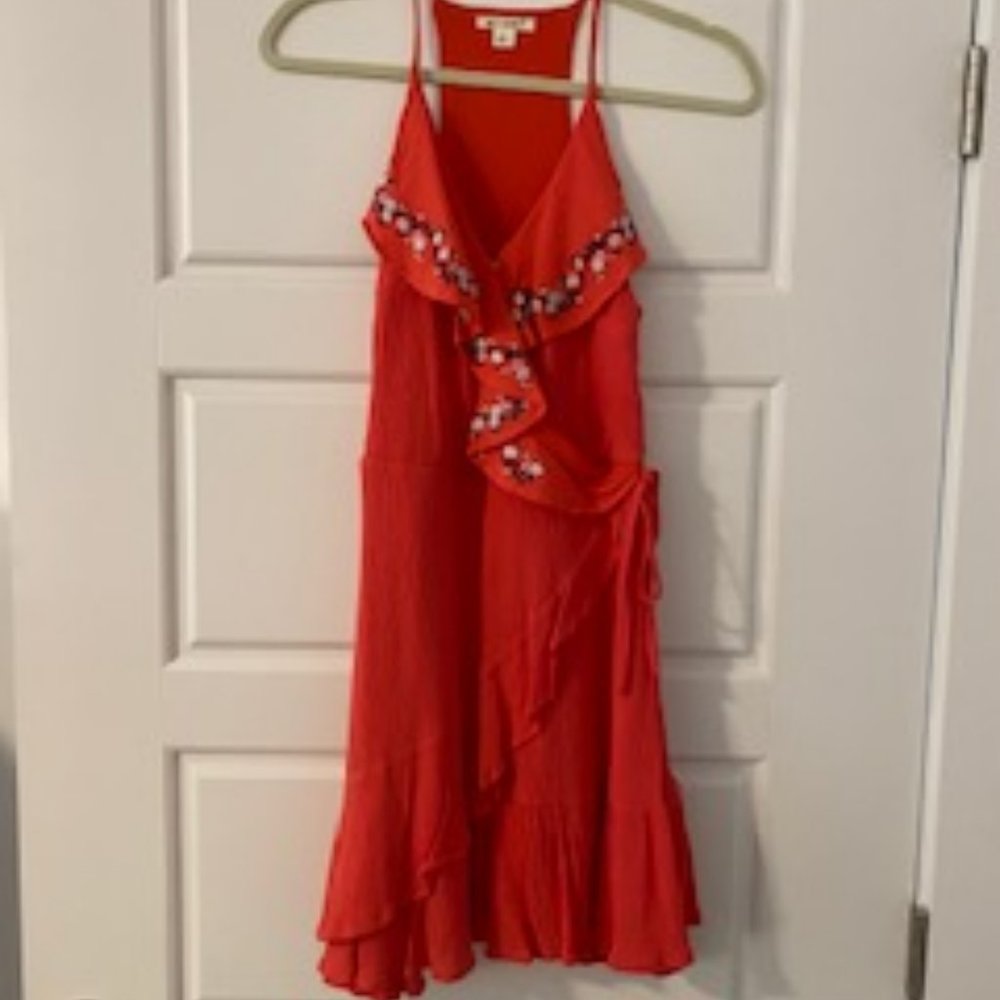 Embroidered Floral Wrap Tie Waist Mini Dress